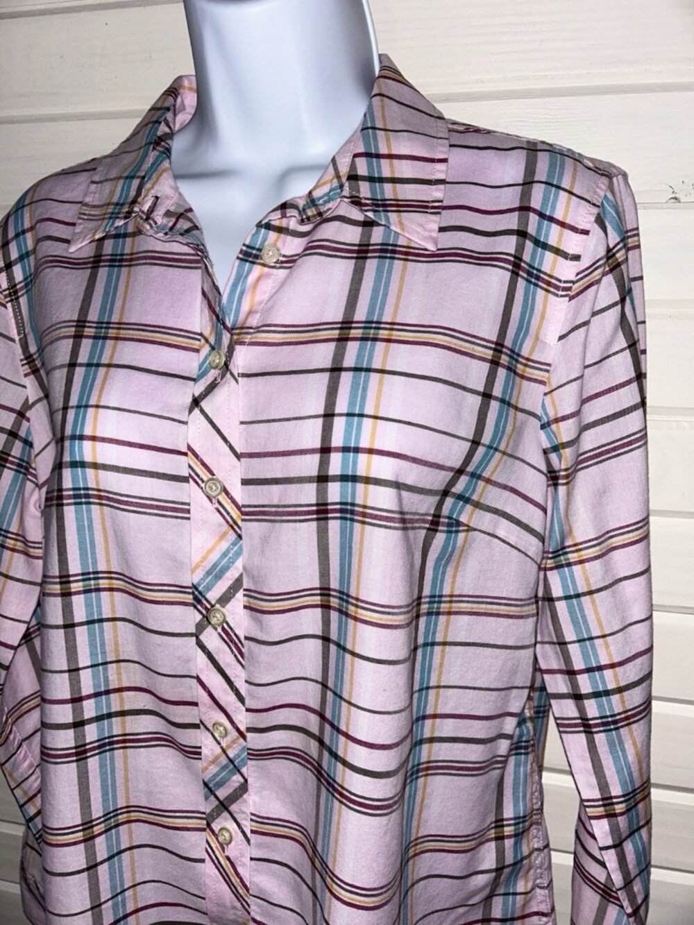 Talbots Sz PETITES MEDIUM MP Pink Plaid Classic Cotton Shirt Button EUC